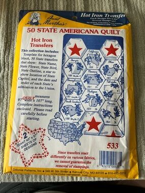 50 State Americana Quilt Hot Iron Transfers - White/Blue/Red